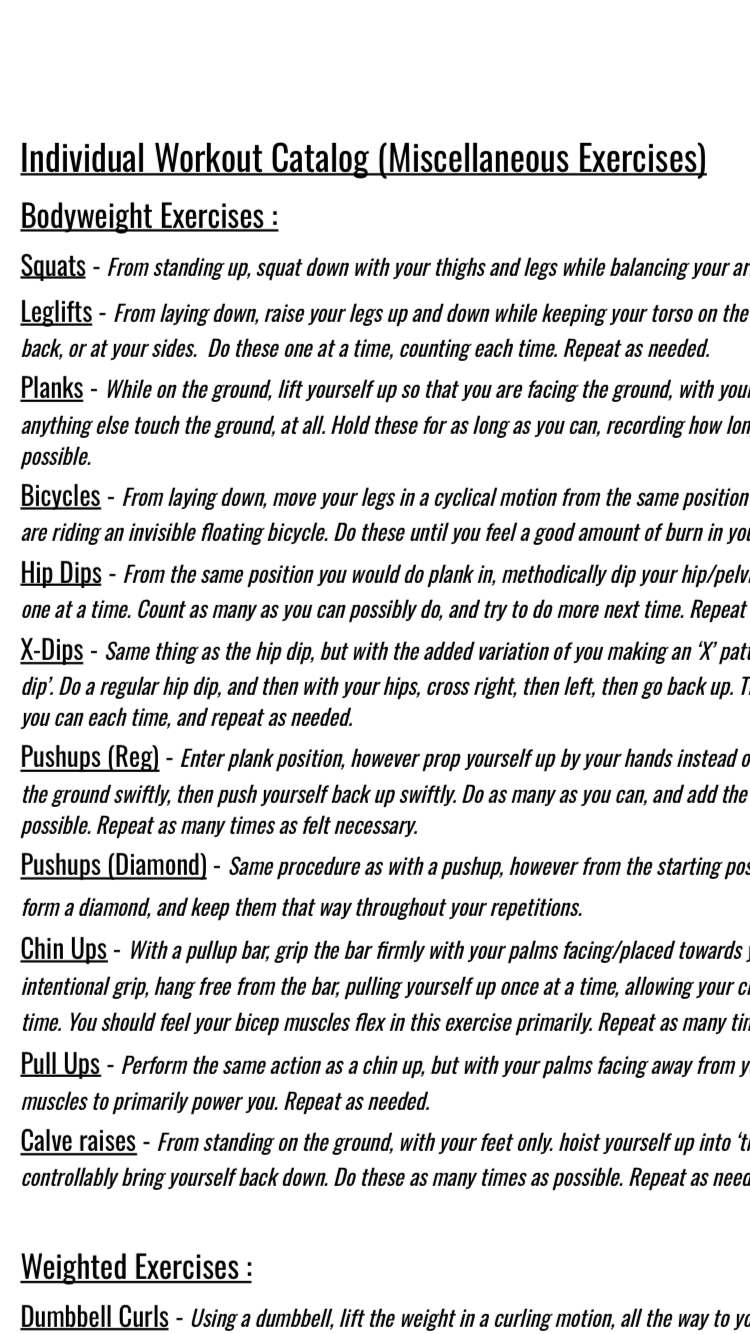 Individual Workout Catalog (Individual Exercises)